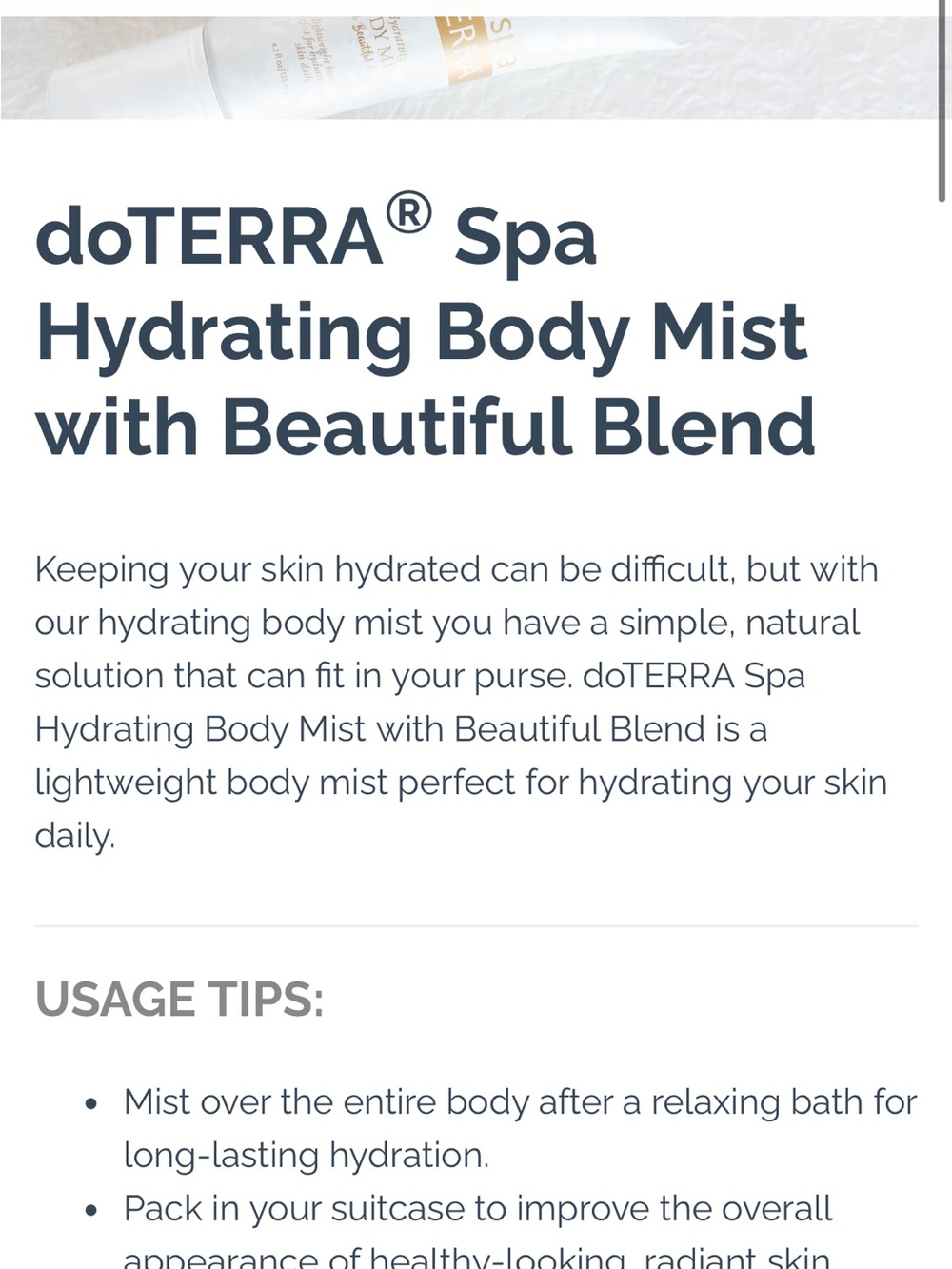Doterra Spa Hydrating Body Mist & Anti-Aging Moisturizer - White Silver - Picture 3 of 9